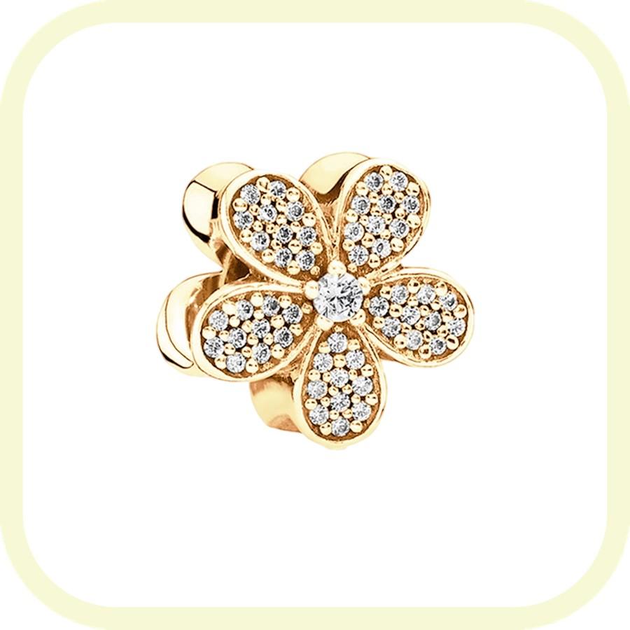 New Golden Flowers Collection Charm Bead Lucky Shamrock Rose in Bloom Daisy Flower Safety Chain Compatible With Authentic Bracelets Do It Yourself Jew