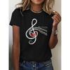 Women Music Note Heart Print T-Shirt Treble Clef Round Neck Short Sleeve Music Lovers Musician Gift All-Season Casual Top