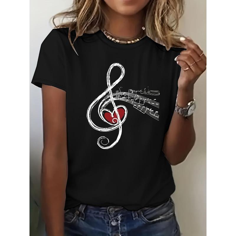 

Women Music Note Heart Print T-Shirt Treble Clef Round Neck Short Sleeve Music Lovers Musician Gift All-Season Casual Top 4XL чорний