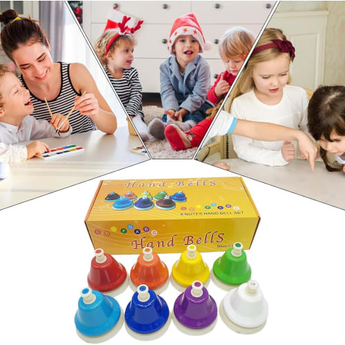 Colorful 8-note handbell set with touch controls, harmony, and mallets. Perfect as a gift for New Year's or Christmas. Perfect for beginners, beginner