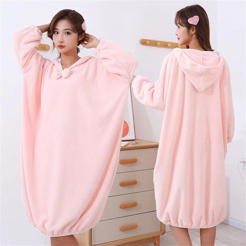 Winter Wearable Ladies' Hooded Coral Fleece Bathrobe - Absorbent, Thick, Soft Long-Sleeve Bath Skirt