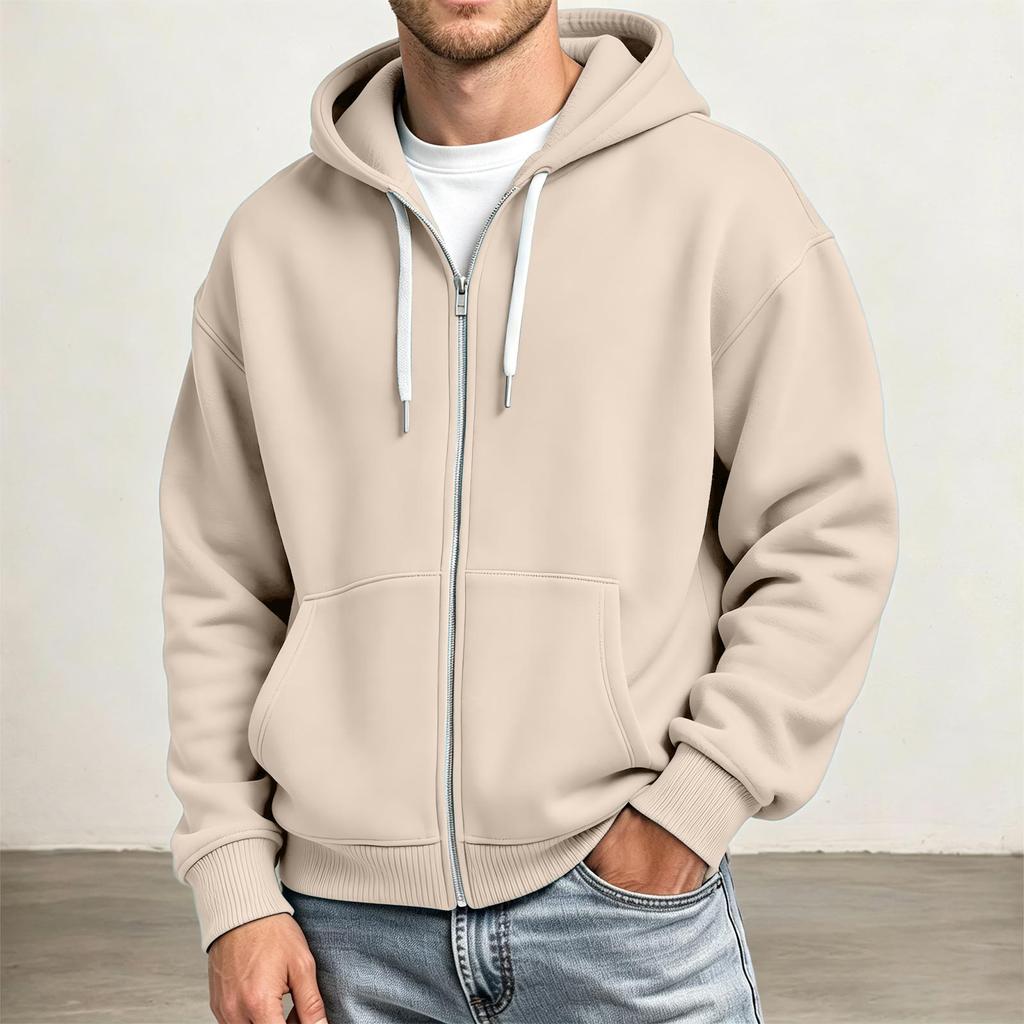 Men's Full Zip Hoodie Drop Shoulder Sleeves, Casual Long Sleeve Sweatshirt for Everyday Wear