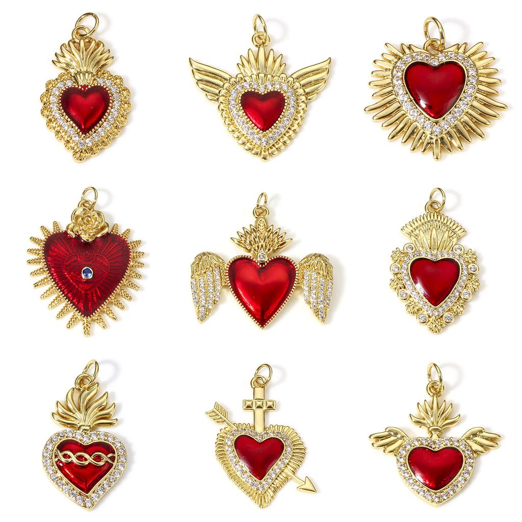1 Stück Klassische Rote Religiöse Herz-Anhänger Für Schmuckherstellung Goldfarbe Ex Voto Anhänger Klare Kubische Zirkonia Halskette DIY