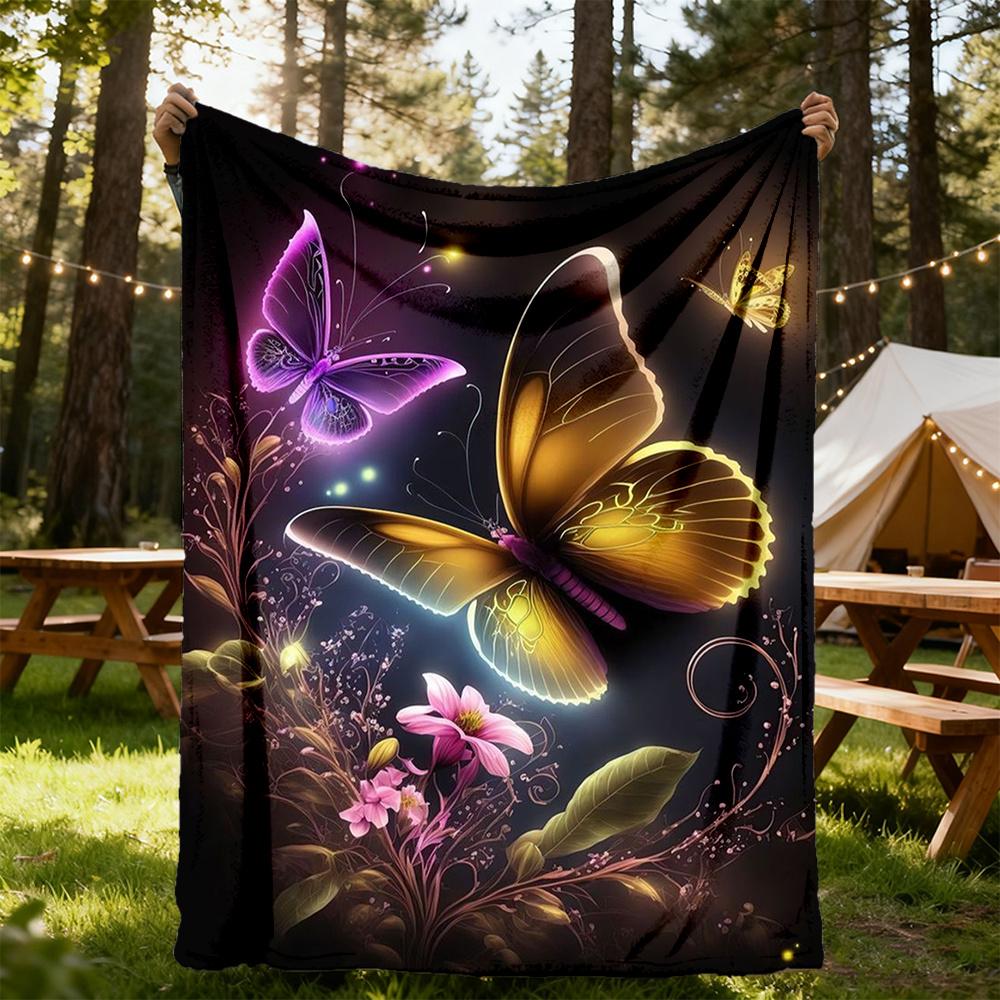 1pc Butterflies Flowers Flannel Blanket, Comfortable and Warm Blanket, for Camping Sofa Bed and Couch Office032