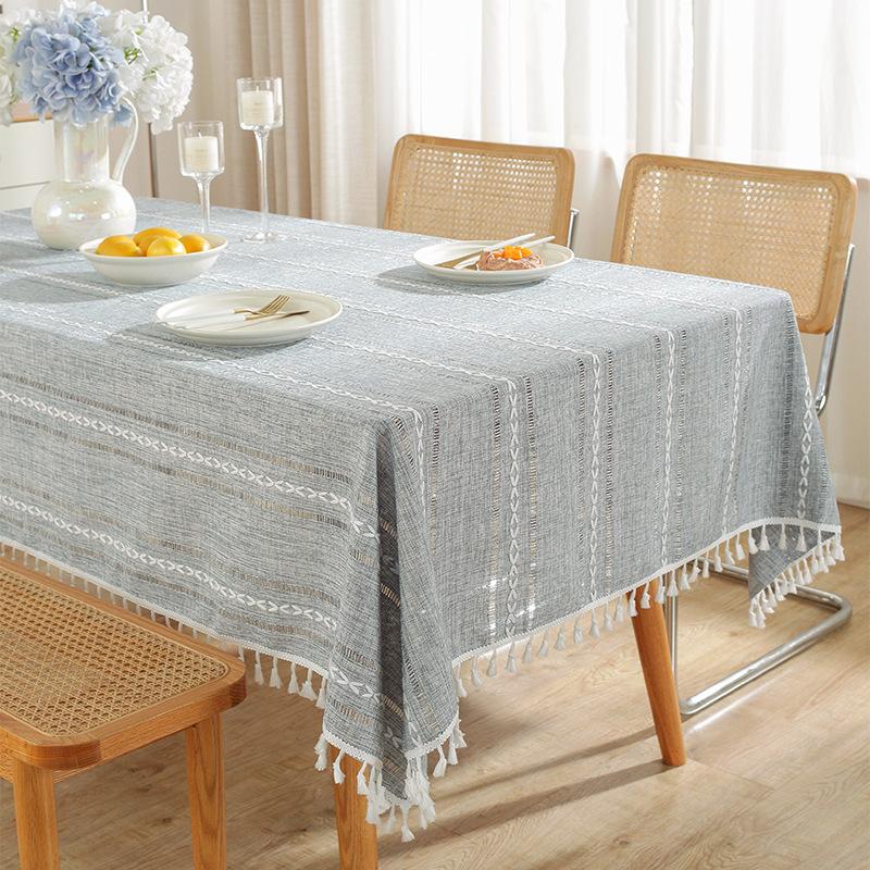 Rustic Embroidery Table Cloth, Cotton Linen Stripe Tassel Tablecloth Antifouling Dust Proof Table Cover For Kitchen Dining Decor