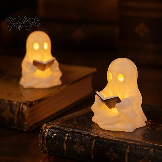 Healing Home Decor Cute Ghost Reading Book Lamp, Lighted Figurine with Warm LED Unique Holiday Gifts Light, Halloween Night Light for Mantel