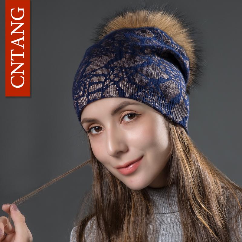 Women Winter Warm Hats Fashion Bronzing Leopard Hats with Natural Pompom Fur Caps Female Knitted Wool Hat Raccoon Beanies