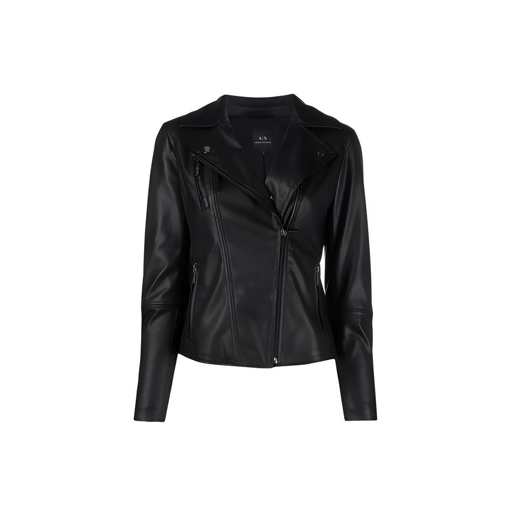 Armani Exchange FW21 Solid Color Faux Leather Motorcycle Jacket Women jackets Black 8NYB13-YNVLZ-1200