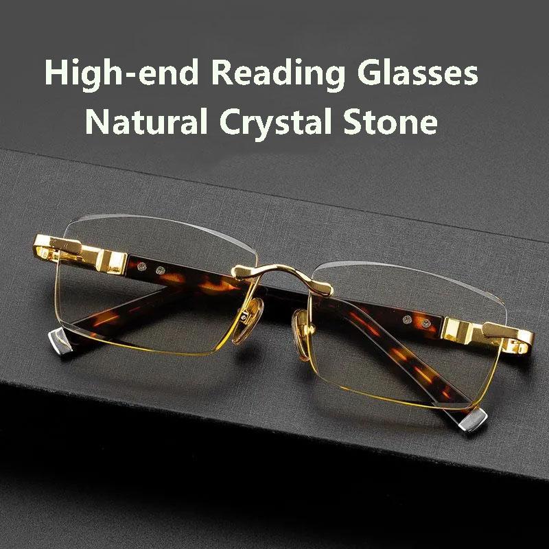 Fashion HD Cutting Edge Reading Glasses for Men Women Natural Bamboo Leaf Green Style Frame Crystal Stone Lens Glasses 100 Degrees -400 Degrees