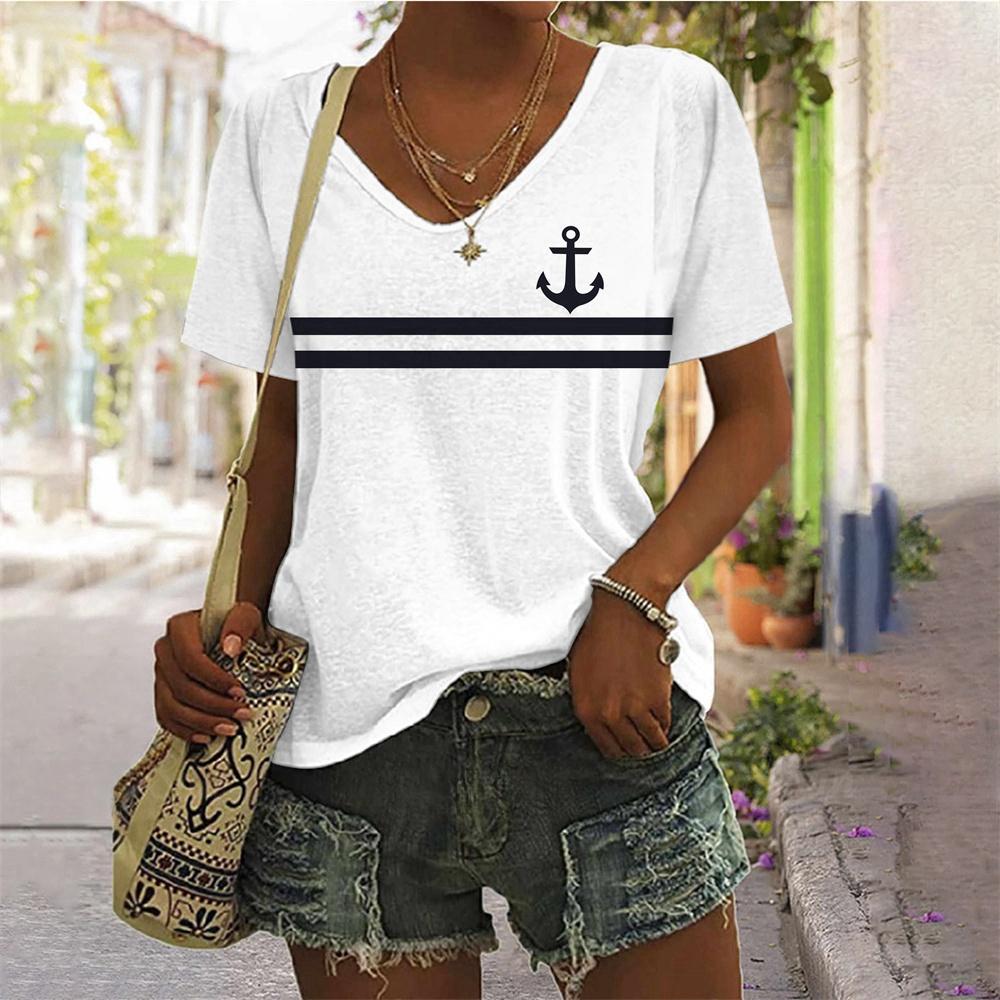 Sommer Oversized T-Shirts Ankerprint Oberteil für Damenmode V-Ausschnitt Damenmode Große Größen Stil T-Shirt für Damen