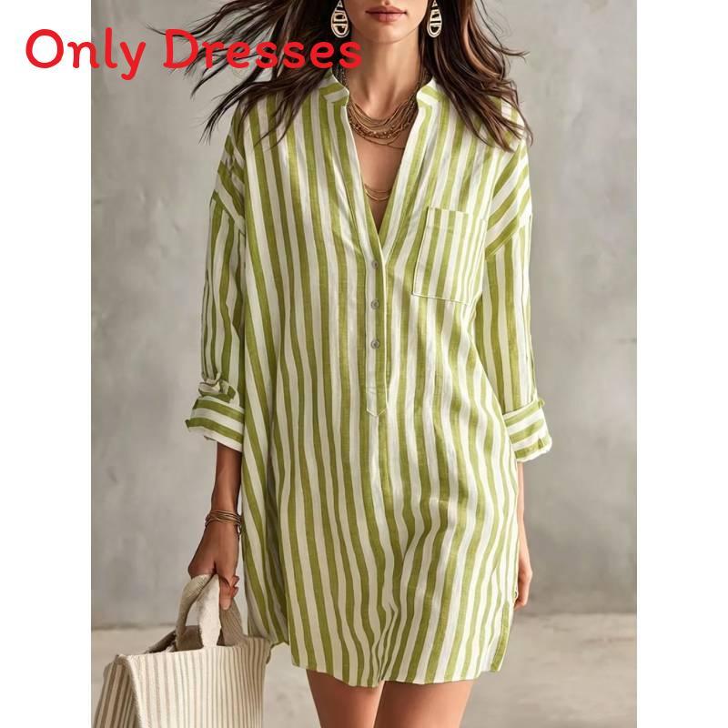 Abito estivo a righe in poliestere con colletto a camicia per vacanze casual al mare
