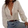 Women's Hollow Out Lace Shirt, Solid Color V-Neck Long Sleeve Loose Sexy Blouse, Casual Fashion Elegant Top