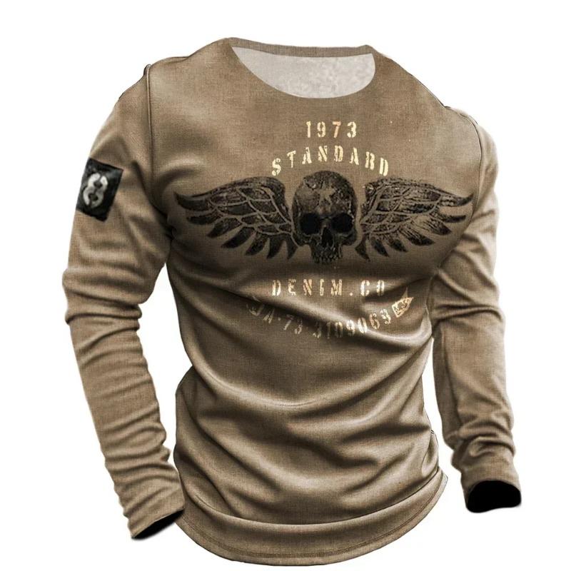 Men's Autumn and Winter Motorcycle T-shirt, 3D Printed Retro Long Sleeved Motorcycle Rider T-shirt, Oversized T-shirt, Men's