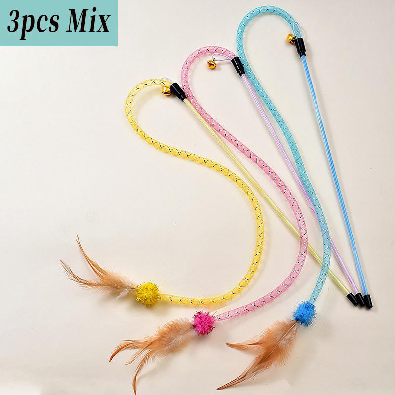 3pcs Mix Feather Teasing Cat Stick Elastic Mesh Tube With Feathered Furry Ball Cat Toy Rod Kitten Interactive Toys Pet Wand