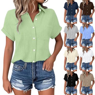 Damen Sommer Mode Farbe Revers Lässig Knopf Tasche Kurzarm Hemd Top