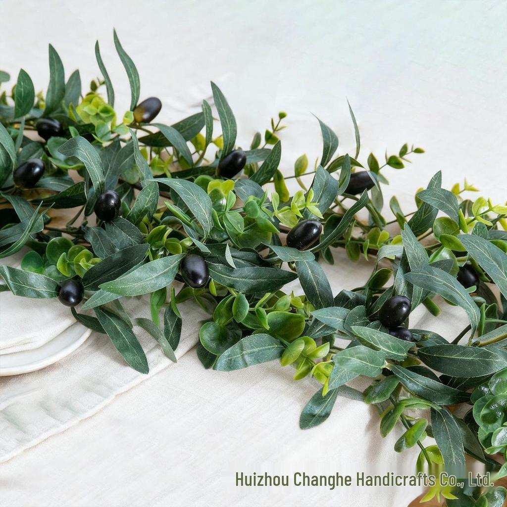 Simulated Green Olive & Eucalyptus Plant with Fruit Rattan Pine Cypress Vine for Wall Decoration.