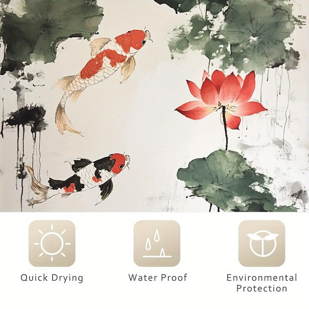 1Pcs Exquisite Ink Pool Goldfish Digital Print Shower Curtain, Polyester Material With Hook, Machine Washable, Woven, Bathroom