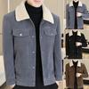 Men Jacket Coat Solid Color Lapel Button Closure Casual Jacket Thickened Velvet Lining Outerwear Daily Wear