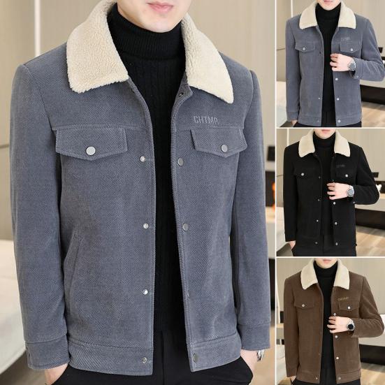 Men Jacket Coat Solid Color Lapel Button Closure Casual Jacket Thickened Velvet Lining Outerwear Daily Wear