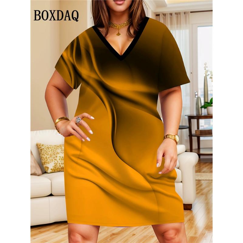 Gradient Dresses Summer Elegant Women'S Clothing Fashion Print Short Sleeves Loose Dress Plus Size Casual V-Neck Party Dress