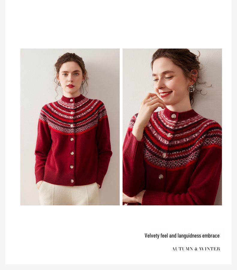Women's Fair Isle Cashmere Button-Up Cardigan - Round Neck, Loose Fit, Thick, Autumn/Winter Style.