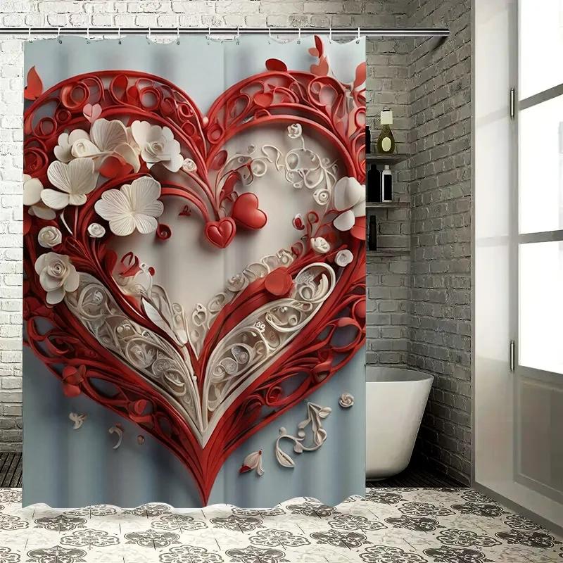 3D Red Heart with Flowers Shower Curtain | Romantic and Elegant Bathroom Decor