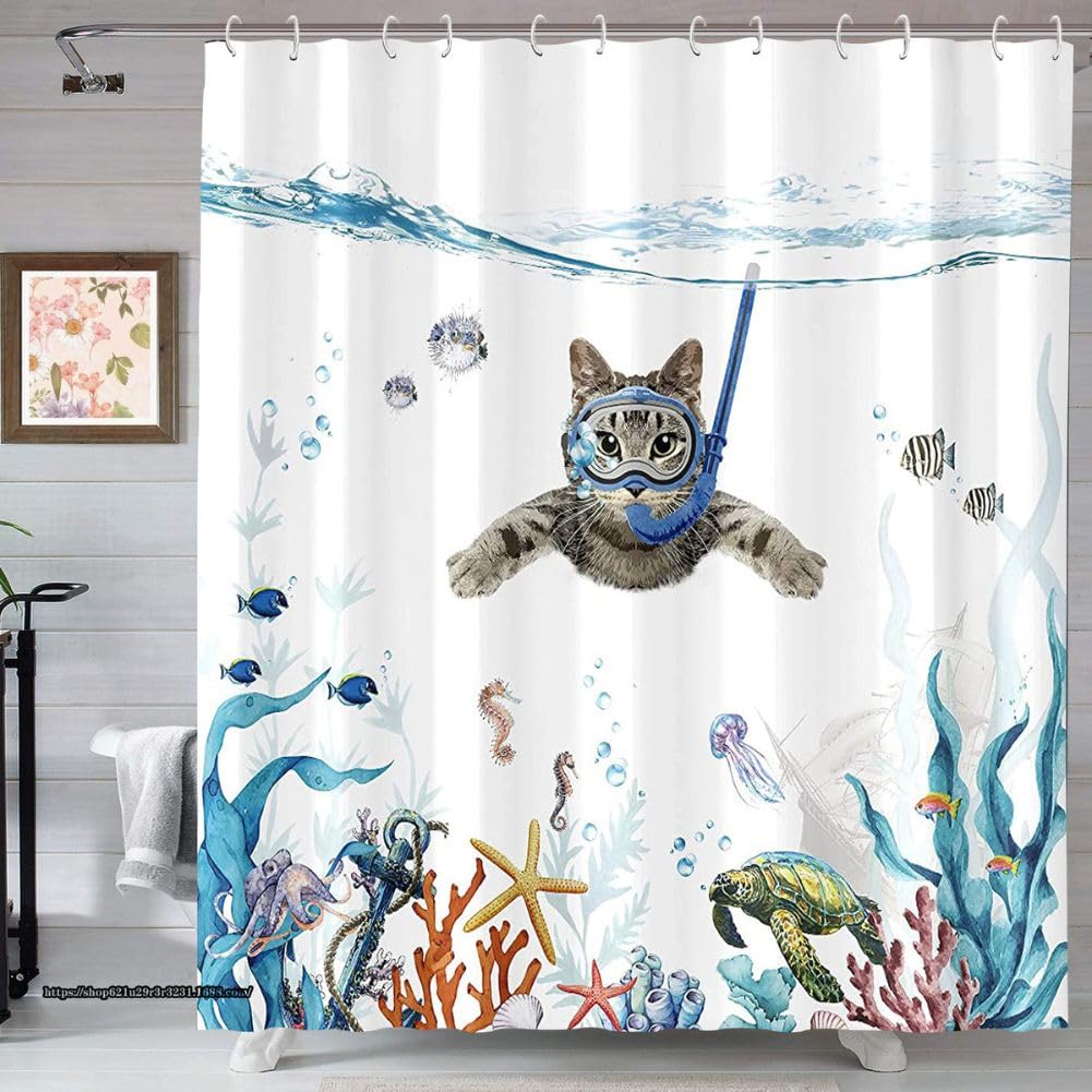 

Cute Cat Shower Privacy Unit Bath Bath Small Animal Design x Curtain, Waterproof, Mildew-Resistant, Screen, Bath, Curtain, Supplies, Beach, Window, синий