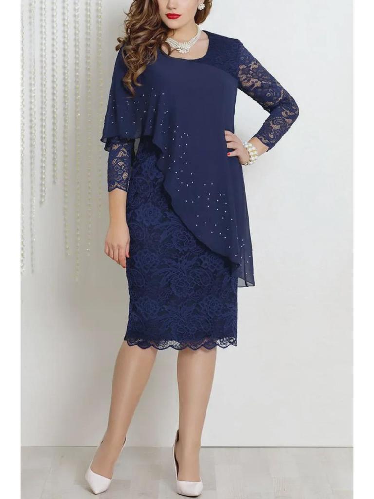 Elegant Three-Quarter Sleeve Solid Color Lace Trim Slim Dress for Plus Sizes