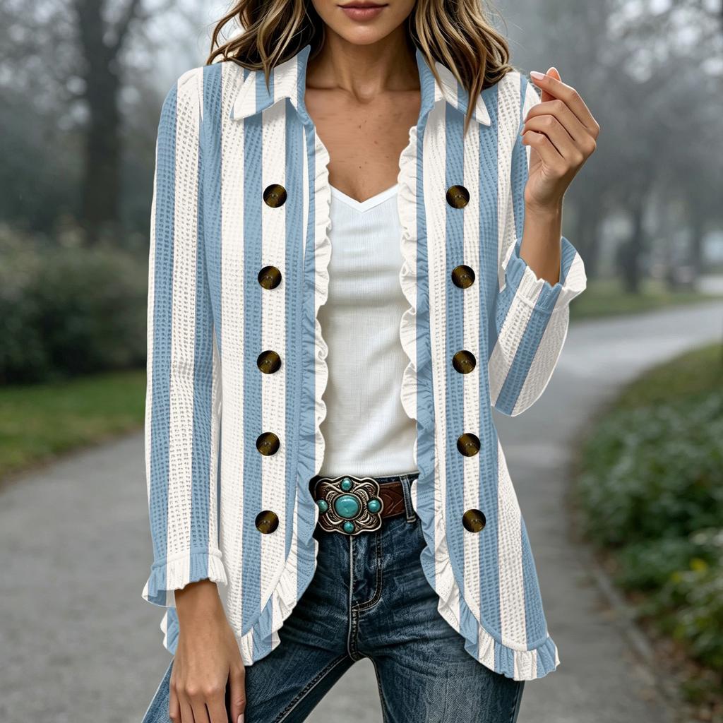 Women's Striped Print Long Sleeve Open Front Cardigan with Ruffle Trim for Casual Wear