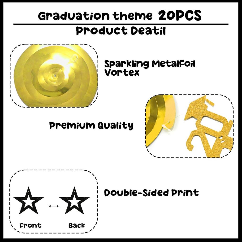 20Pcs Gold Black Graduation Hanging Swirl Decor, Class of 2025 Hanging Decorations, I’m Done, Congrats Grad, 2025 Happy Graduation Party