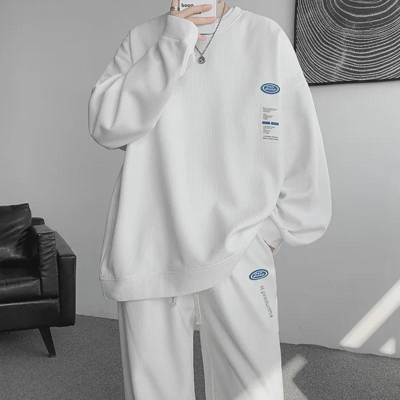 Men's Waffle Knit Sportswear: Street Style Sweatshirt & Straight Sweatpants Two-Piece Set for Spring & Autumn.