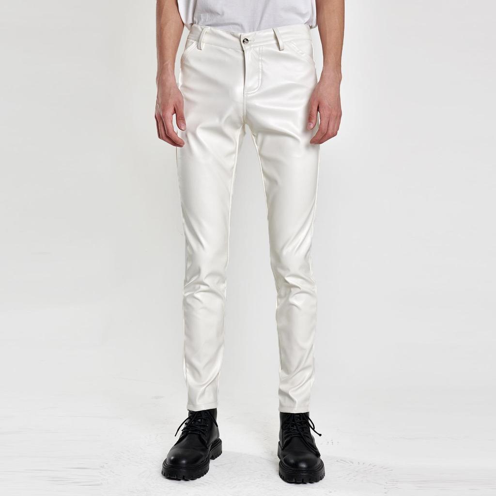 Spring/Summer Men's Slim Fit Elastic Leather Pants - Green Bar Orange, Breathable & Lightweight