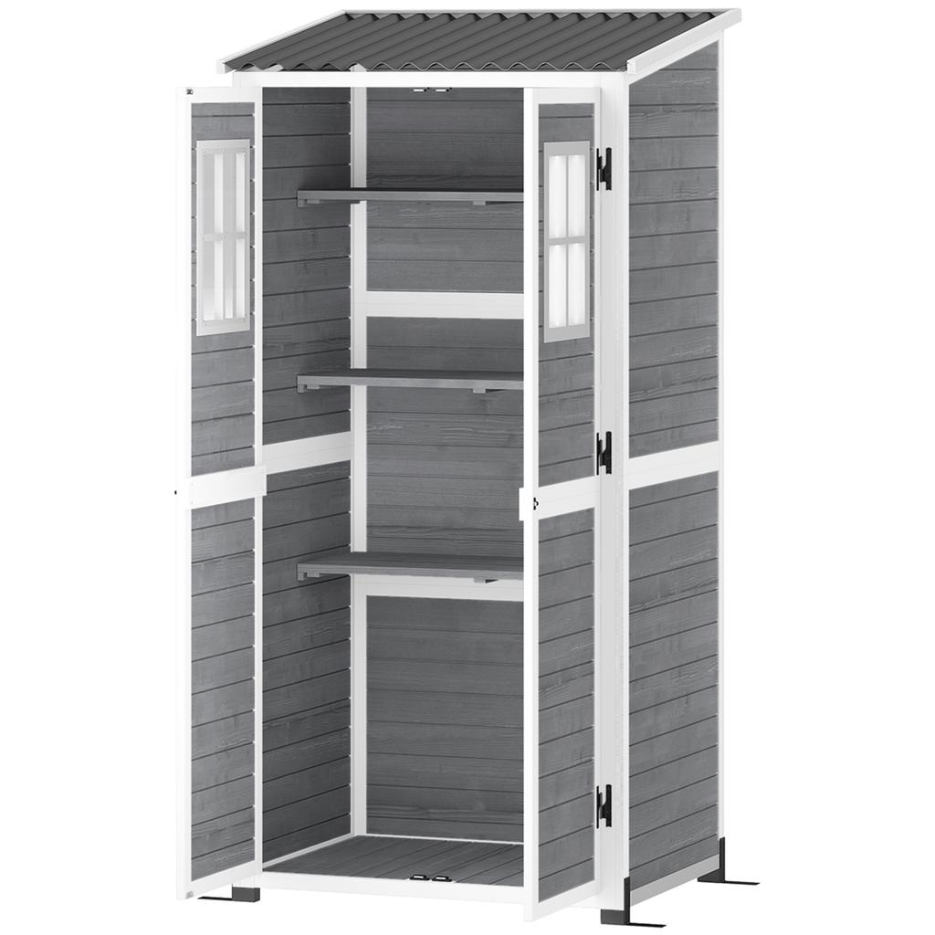 Wooden Garden House with Adjustable Shelves, Two Doors with Lock and Windows, Grey