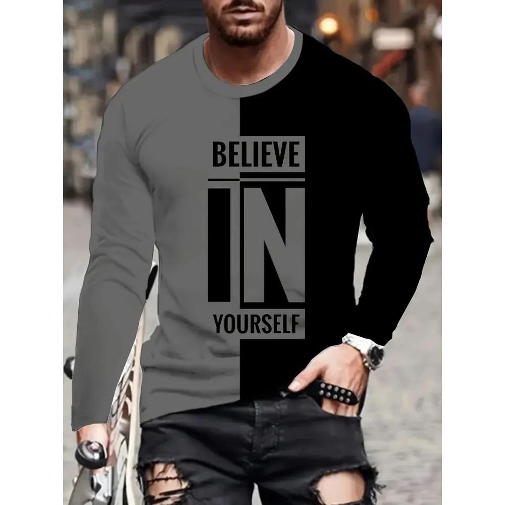 New 3D Letter Printed Casual and Fashionable Men's Round Neck Long Sleeved T-shirt