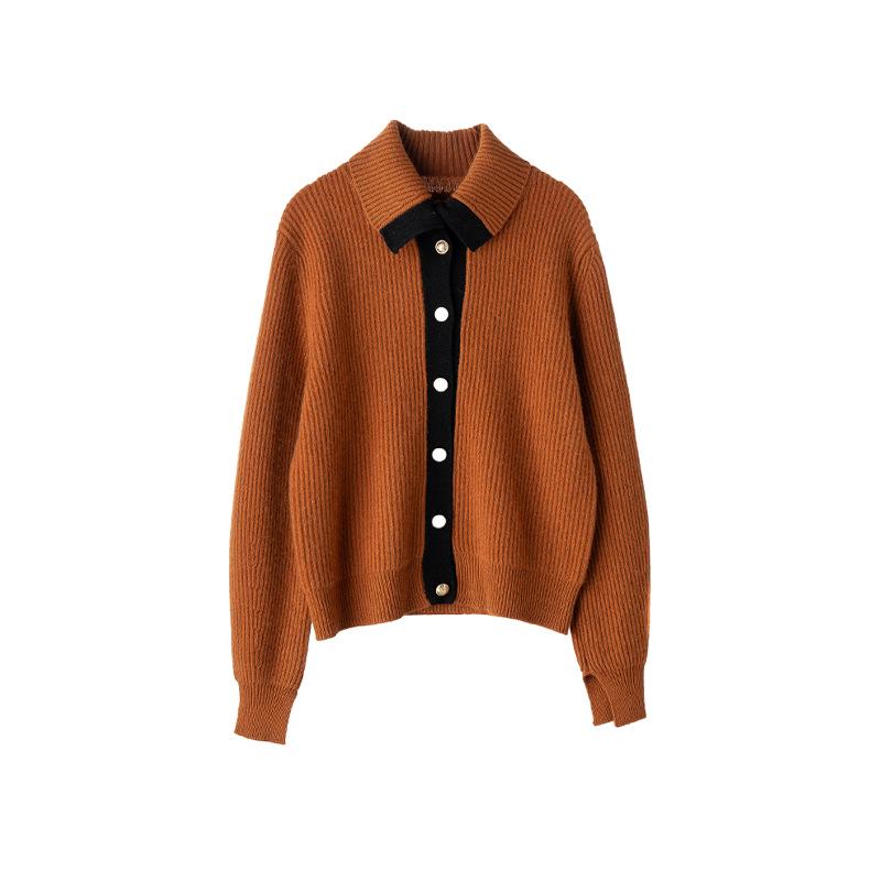 Women's Cashmere Knit Color-Block Polo Cardigan with Split Cuffs and Long Sleeves