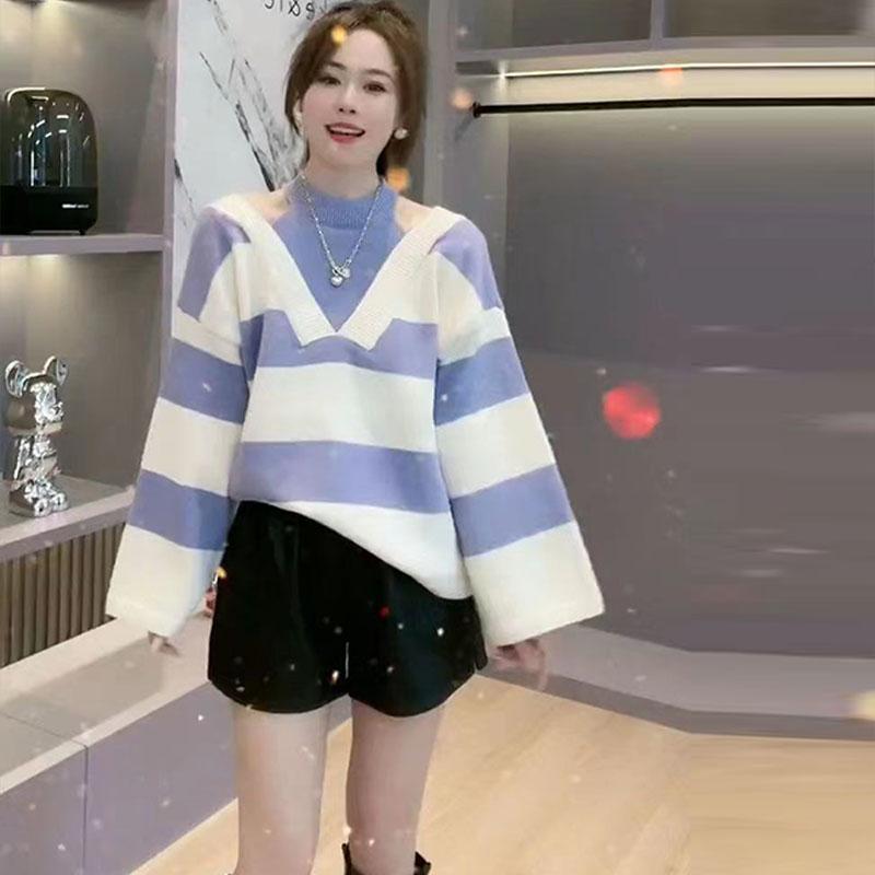 Pullover 2023 Casual Long Sleeve Pullover Knitwear Top Fake Two Piece Neck Hanging Off Shoulder Striped Sweater Pullover Women