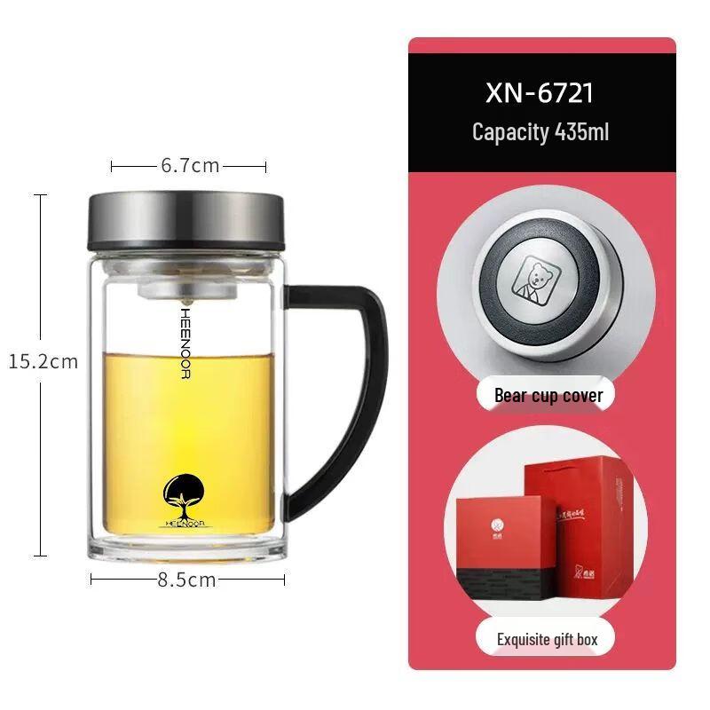 Heenoor Double-Layer Glass Tea Cup with Handle and Filter 435ML