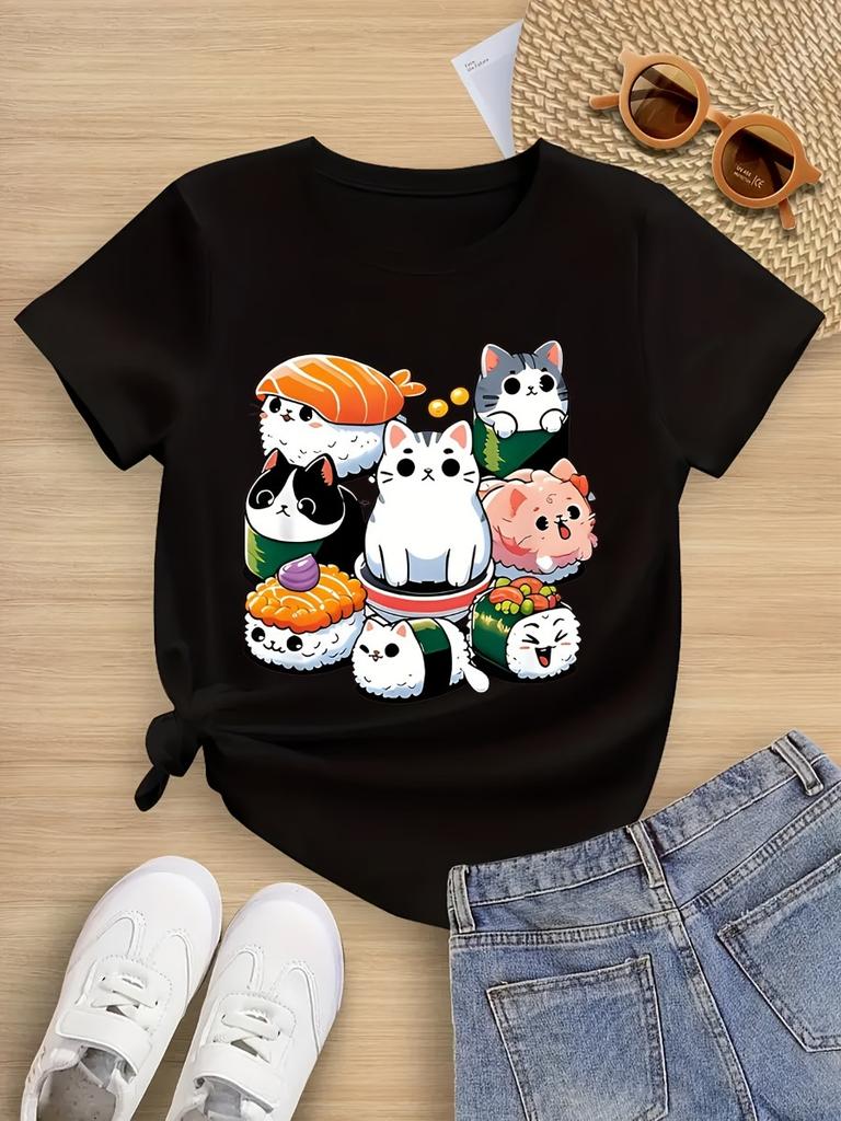Summer Cute Sushi Print Round Neck Short-sleeved T-shirt Cute and Playful Style Suitable Foroutings and Daily Wear