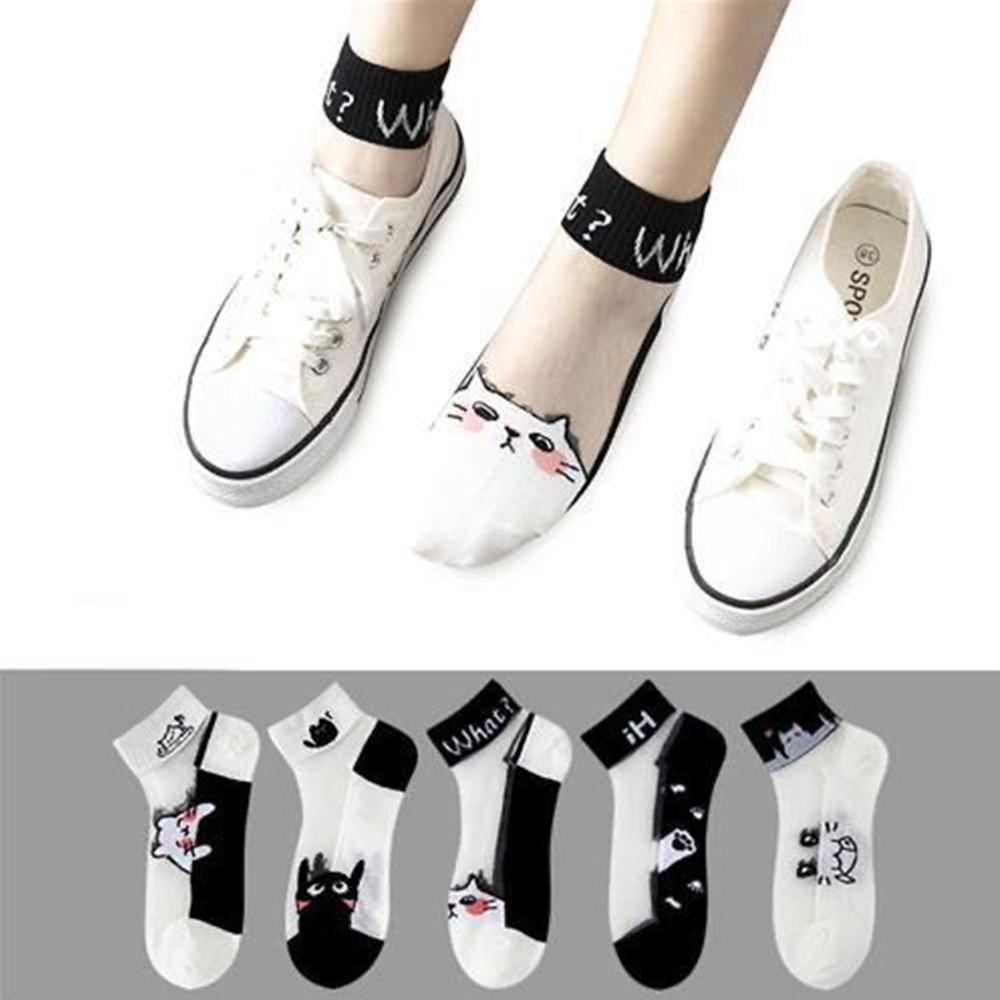 5 Pairs of Summer Women's Short Socks with Glass Fiber Black and White Cat Ultra-thin Breathable Mesh Outdoor Sports and Leisure