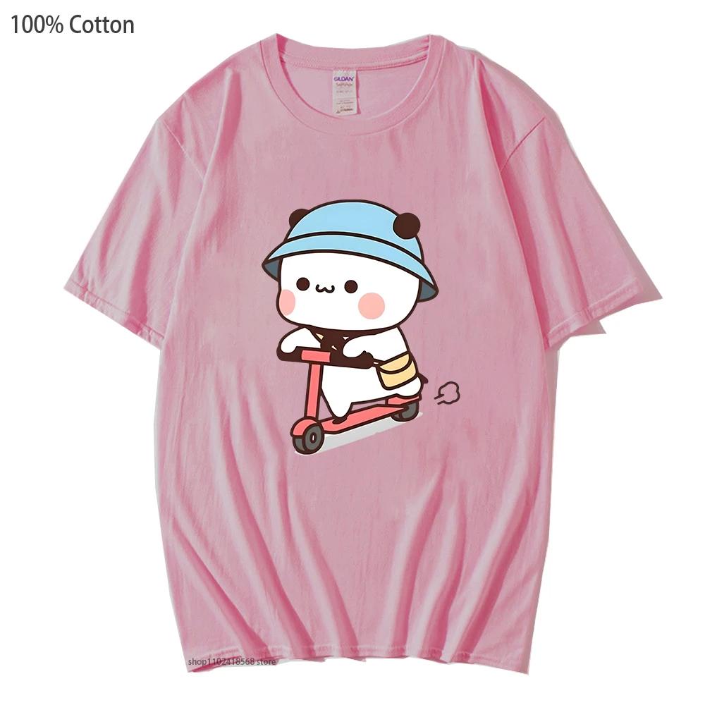 Cartoon Bubu Dudu Shirt Mochi Brownie Bear Bike Riding T-Shirts Women Kawaii Y2k Clothes Men Cartoon Top Summer Tees