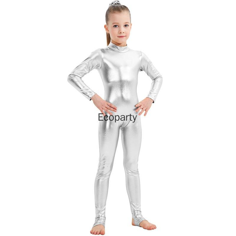 Copii Strălucitor Metalic O Bucată Mânecă Lungă Corp Întreg Gimnastică Balet Dans Leotard Salopetă Fete Elastic Unitard Îmbrăcăminte de Dans