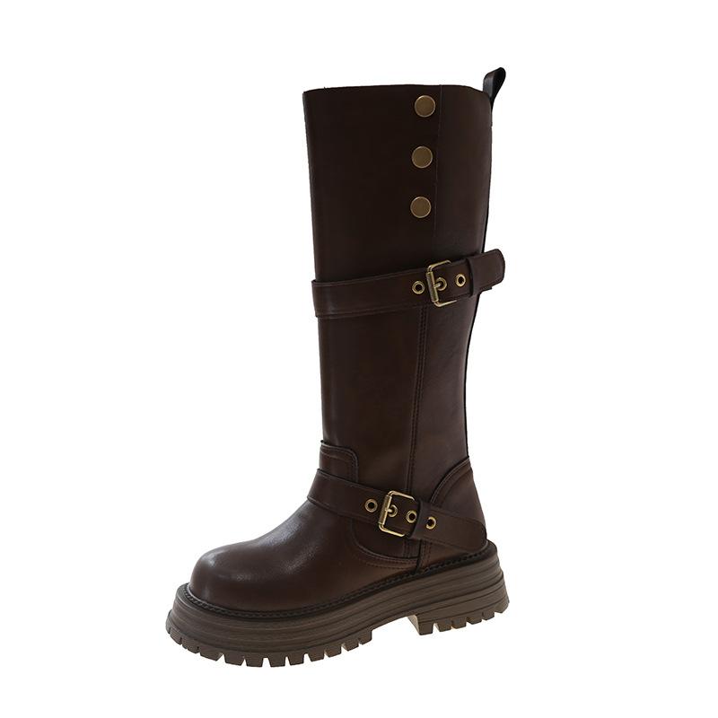 2025 Neue Mode Dicke Sohle Kniehohe Stiefel für Damen, Retro Britischer Stil Schnalle Ritterstiefel, Vielseitige Lange Stiefel