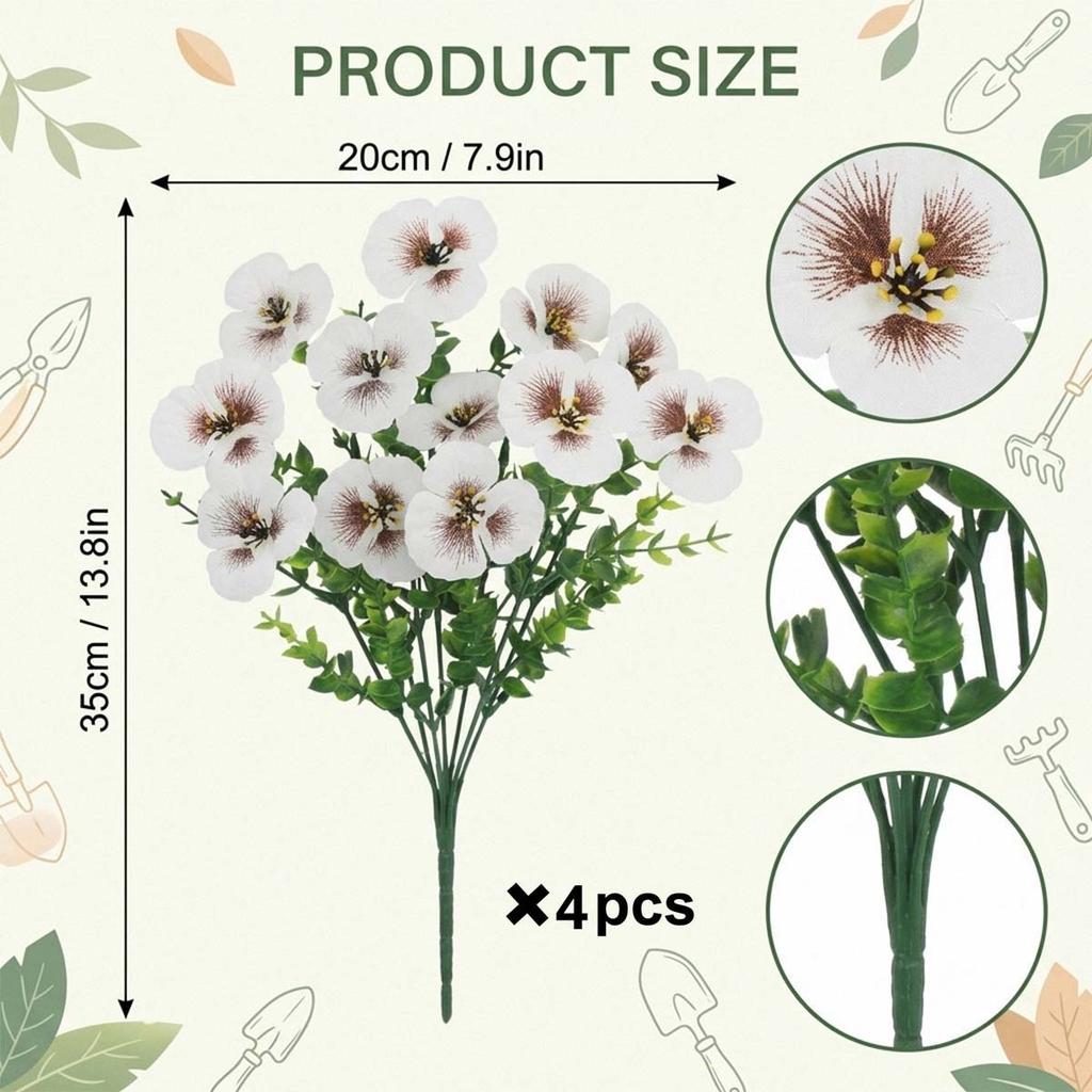4PCS UV Resistant Artificial Silk Pansy Flowers Outdoor Spring Flowers Pansies Wildflower Plants Faux Impatiens White