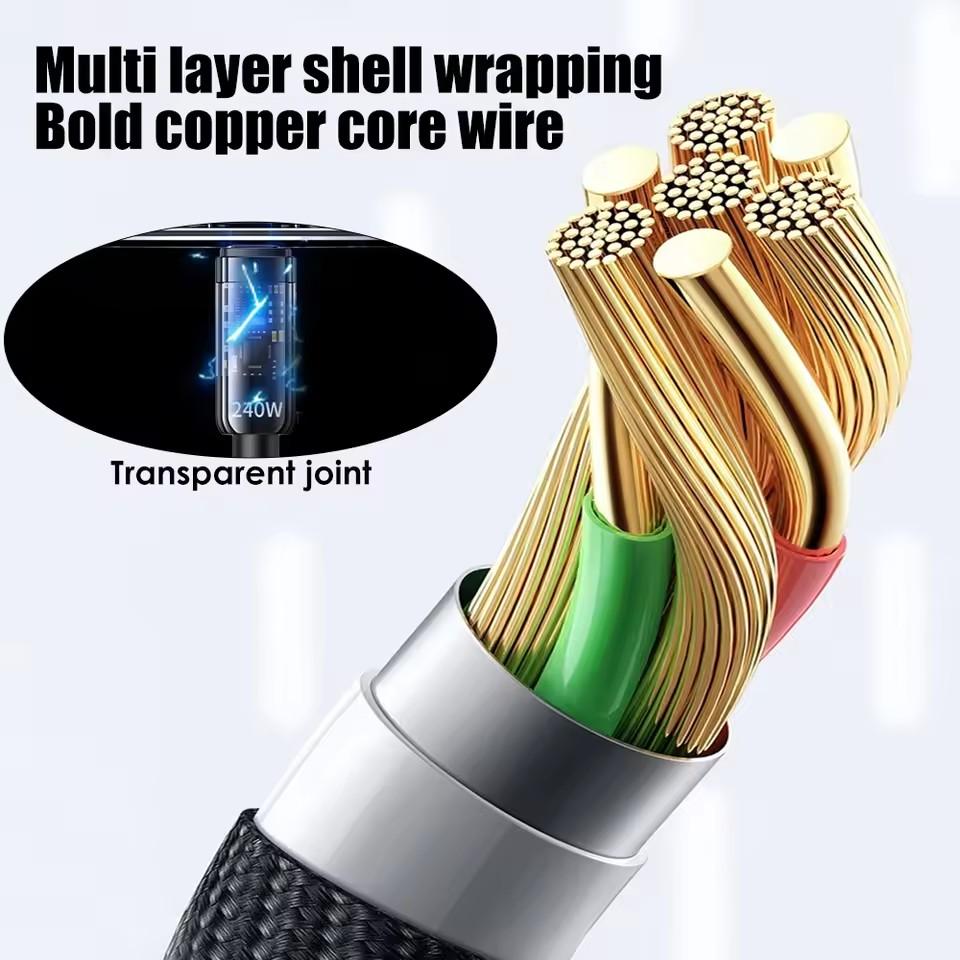 240W Super Quick Charging Nylon Cables USB Type C Transparent LED Display Data Cord USB-C Wire for Android Samsung Xiaomi