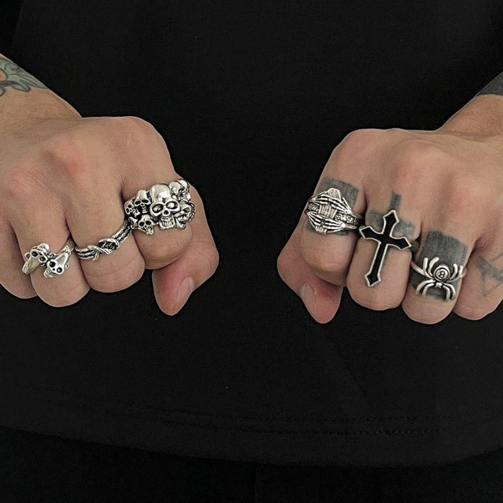 6pcs/Set Goth Halloween Ring Set Korean Style Skeleton Skull Rings Set Hip Hop Skeleton Rings  Women