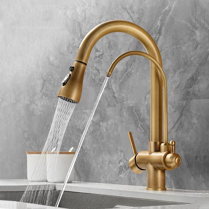 Antique Drinking Filtered Water Kitchen Faucet Purification Tap Dual Handles Faucet Kitchen Sink Tap Hot and Cold water Mixer