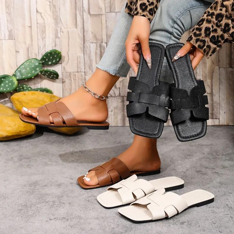 

Summer Women Slippers Fashion Beach Flats Shoes New Style Casual Sandals Dress Walking Flip Flops Open Toe Slides Zapatos Mujer 35 чорний