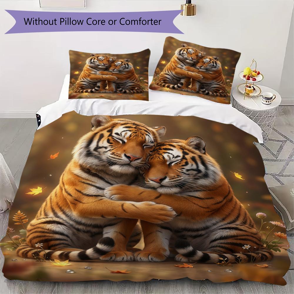 Sweet Tiger Pairs Pattern Bedding Uilt Set Uilt Cover Pillowcase Home Decoration Birthday Gift (1 * Duvet Cover + 2 * Pillowcase Without Core)