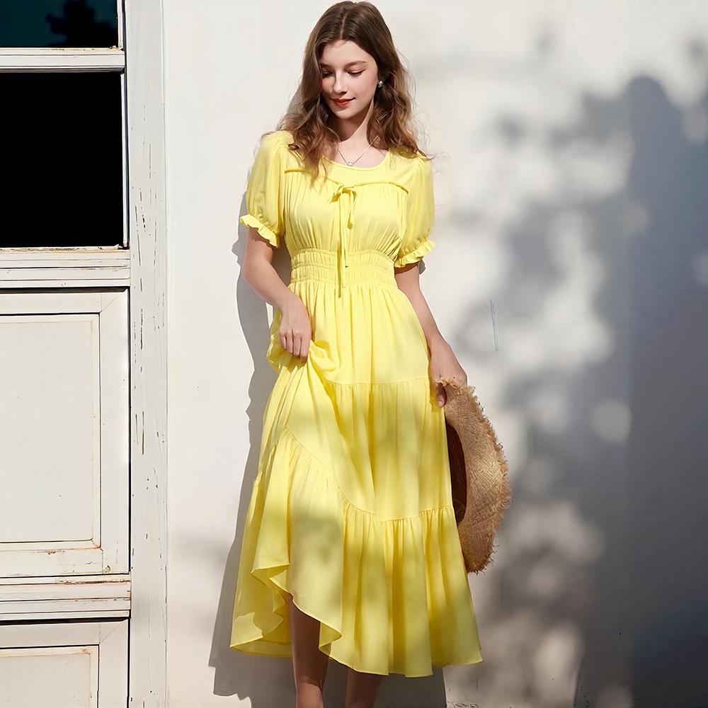 Summer Fashion Poly-cotton Square Collar Short-sleeve Midi Dress for Women Solid-color Puff Sleeve Ruffled Splice A-line Vacation Beach Dress