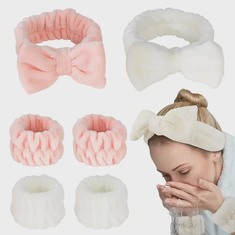 Coral Fleece Bowknot Hairband & Wristband Set for Women